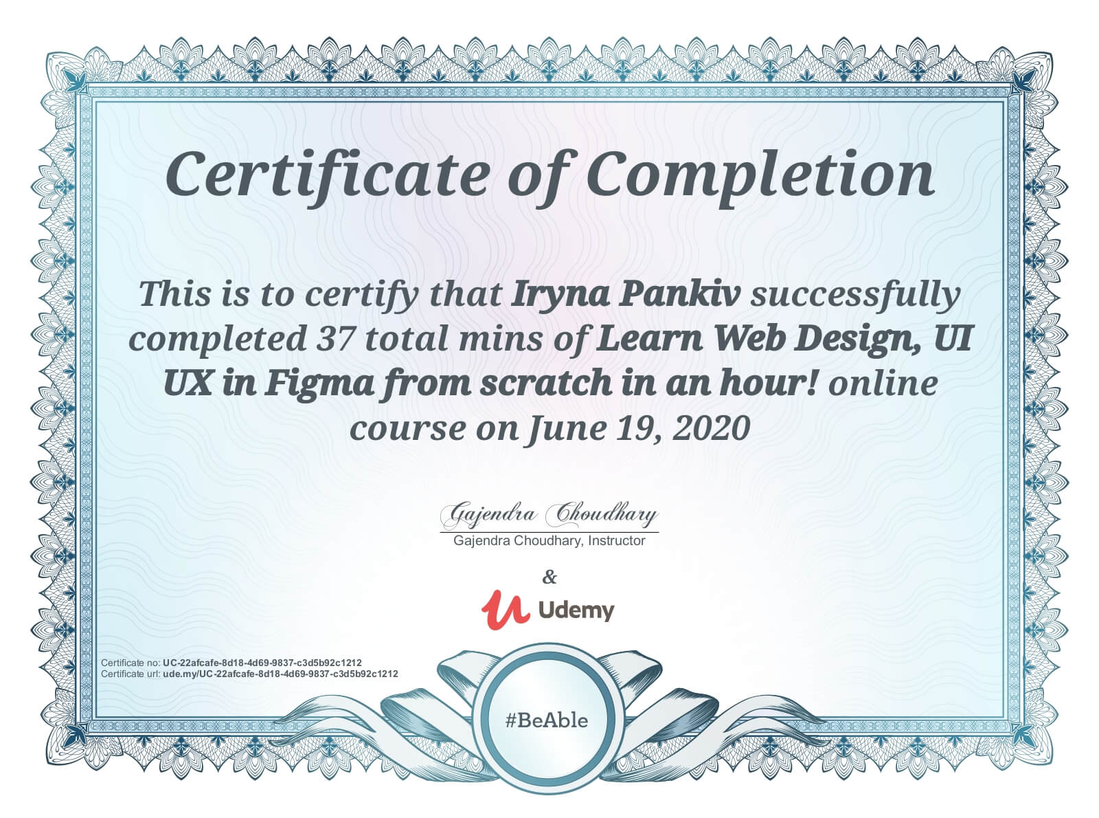 Сертифікат про проходження курсів Learn Web Desing, UI UX in Figma
