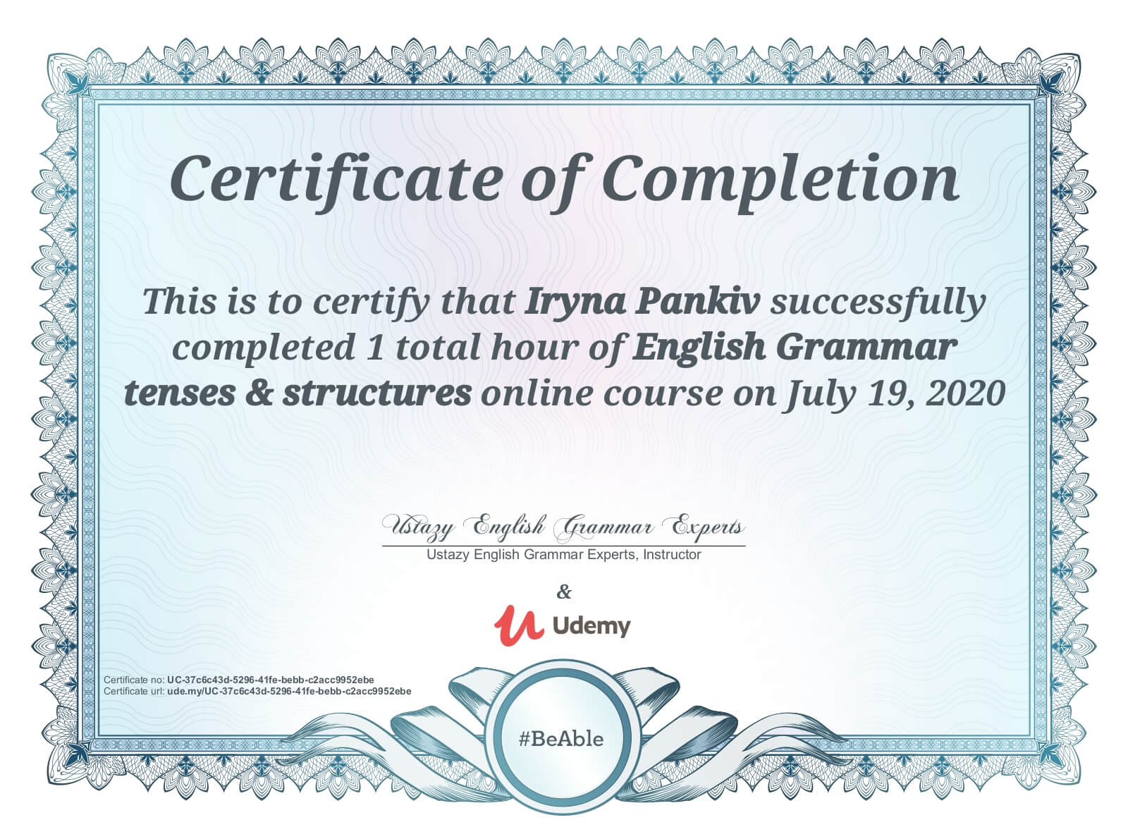 Сертифікат про проходження курсів English Grammar tenses & structures